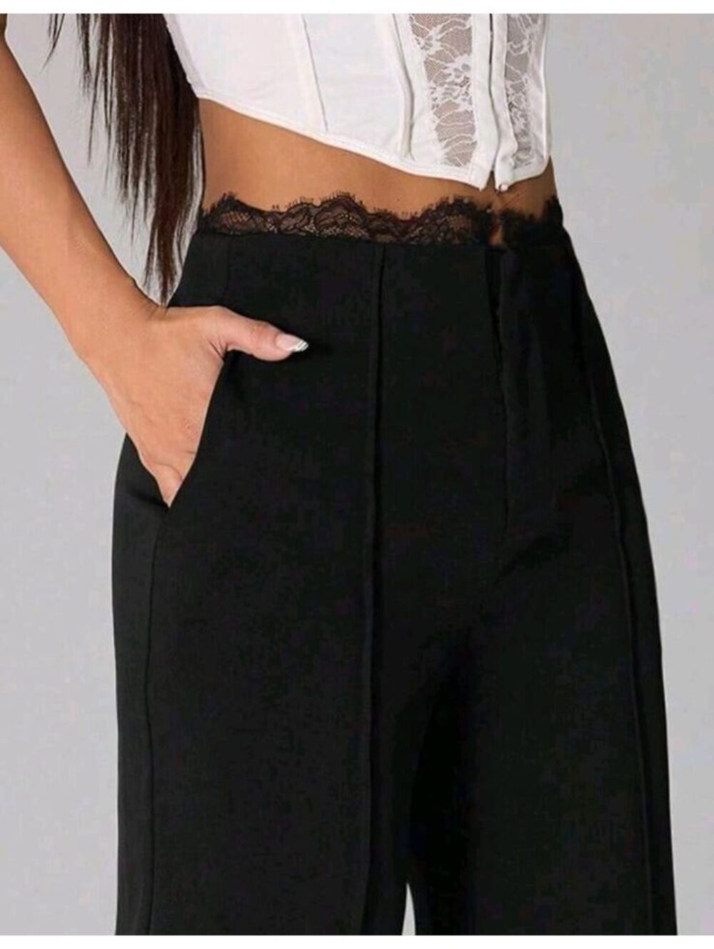 Women's High Waist Wide Leg Black Pants with Lace Trim Waistband [COPY]